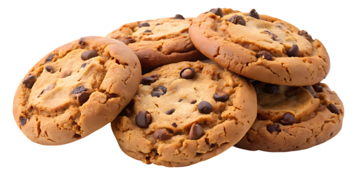 Heap of yummy chocolate chip cookies isolated on transparent background, a delightful and satisfying snack that is perfect for sharing with family