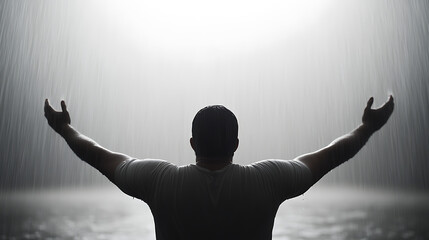 Silhouette of a man in rain with outstretched arms. Expresses freedom, resilience, or seeking refuge during a storm, set against a monochrome backdrop.