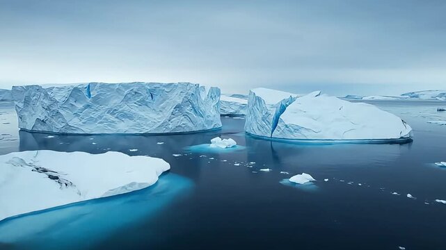 Time lapse aerial view of melting icebergs floating in dark blue ocean waters under a cloudy sky with a sense of environmental urgency.
