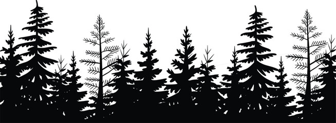 Silhouette of pine trees forest landscape, evergreen conifers, nature background, wilderness, outdoor scenery, woodland environment, natural park, camping illustration