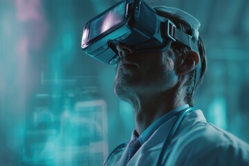 Male doctor using virtual reality headset in futuristic environment, concept of telemedicine, digital health innovation and advanced medical simulation