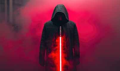 Mysterious figure in dark cloak with glowing red lightsaber, surrounded by smoky pink background