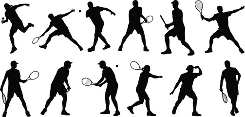 Silhouette of tennis players in various action poses, holding rackets, playing sports, hitting ball, athletic training, competitive match illustration