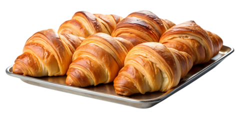 A delectable assortment of golden croissants on a silver tray isolated on transparent background, perfect for a continental breakfast or brunch