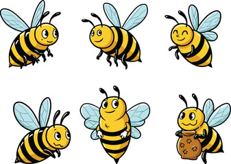 Cute cartoon bees, happy honeybee characters, yellow and black striped insects, vector illustrations, flying bees, isolated on white background.