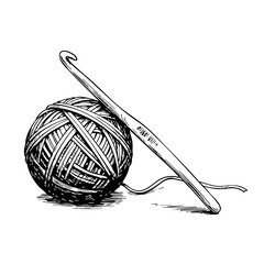 Crochet hook and yarn ball vintage sketch  