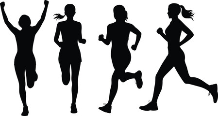 Silhouette of women running, jogging, exercising, fitness training, marathon race, healthy lifestyle, workout, outdoor activity, sport, energy, movement illustration