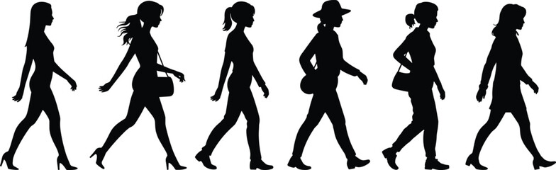 Silhouette of women walking with handbags, casual and formal fashion style, female characters in motion, lifestyle illustration for design elements