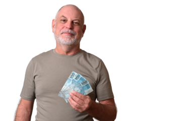 Financial value of Brazilian real notes. Man holding money in cedula. Economy.