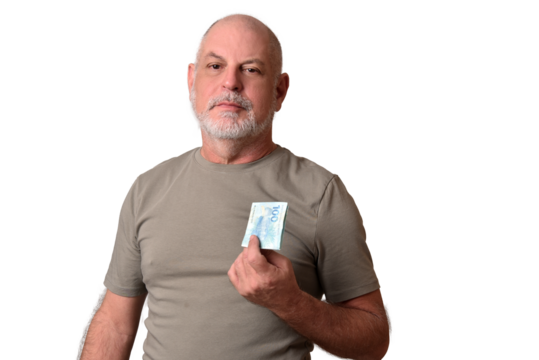 Financial value of Brazilian real notes. Man holding money in cedula. Economy.