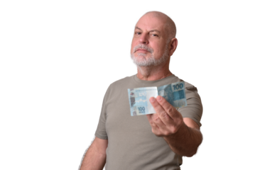 Financial value of Brazilian real notes. Man holding money in cedula. Economy.