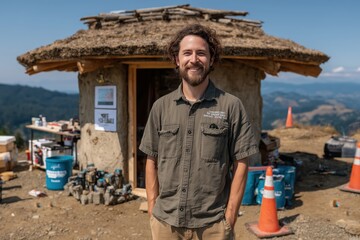 Rural entrepreneur showing eco-cabin, horizon leveled, balanced warmthâ€¦ --chaos 45 --ar 3:2 --stylize 250 --v 7 Job ID: 38261621-19af-4155-86e3-30c13c8cff89