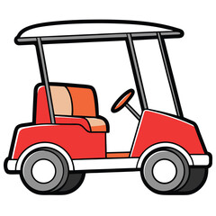 Red cartoon golf cart with orange and beige seats and white canopy Keywords: golf cart, cartoon, vehicle