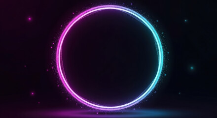 Obraz premium Dynamic neon circle pulsing with vibrant cosmic dust, ideal for futuristic event invites and digital art.