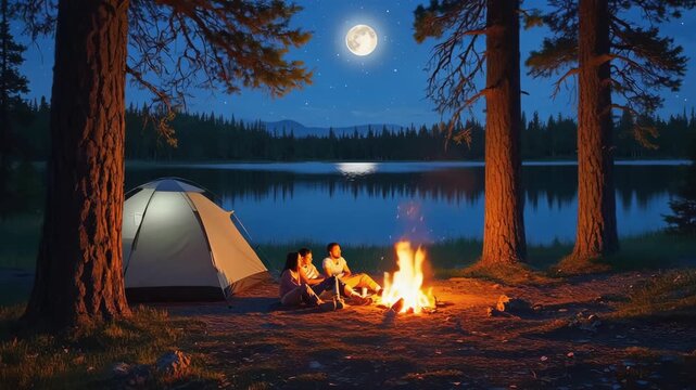 Friends camping by the lake with campfire under full moon at night