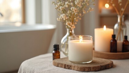 Two glowing candles, essential oil bottles sit on linen covered table with dried flowers in vase next to bathtub. Cozy home bathroom atmosphere creates relaxing spa zen mood. Self-care wellness,