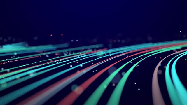 Digital information space background. Flow of moving particles. Big data visualization. 3D rendering