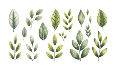 Watercolor green leaves collection in botanical vector illustration.
