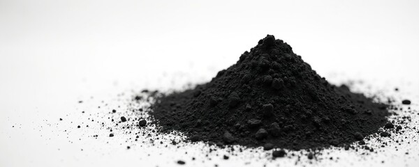 Pile of black activated charcoal powder sits on a white surface. Fine particles and larger lumps create a textured mound. This material has many health and beauty uses.