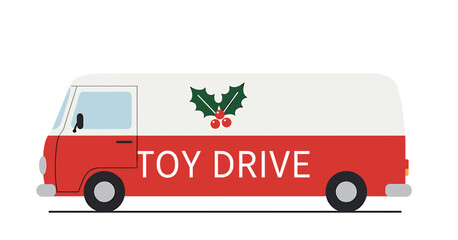 Toy drive van decorated with holly on white background