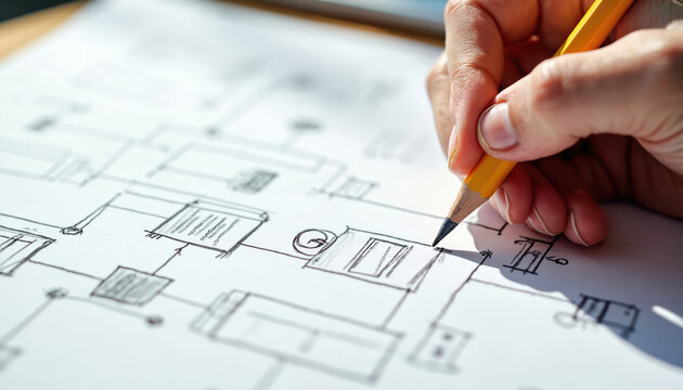 Person draws flow chart or diagram with pencil on paper. Hand creates plan or schematic with boxes and arrows. Concept for brainstorming planning process or system design.