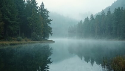 Fototapeta premium Scenic photo of a lake surrounded by misty forest. Calm water reflects trees. Nature landscape shows morning fog. Atmosphere is tranquil serene peaceful.