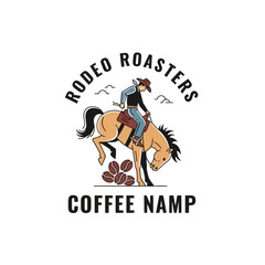 A cowboy riding a bucking horse, surrounded by coffee beans, a vintage-style graphic design.