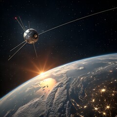 A satellite orbits Earth, capturing the sunrise over the planet's surface. The scene showcases the beauty of space and technology.