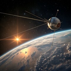 A satellite orbits Earth, capturing sunlight against a backdrop of clouds and the planet's surface. The scene illustrates space exploration and technology.