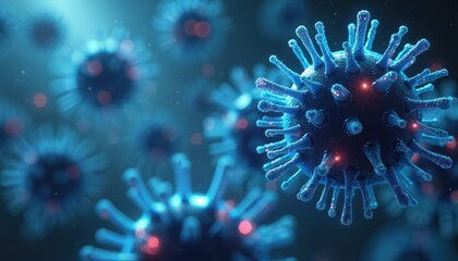Fototapeta premium Abstract 3D illustration of a virus particle with spikes. Microscopic view of pathogenic cells with glowing red centers. Medical science concept for contagion and disease outbreak.