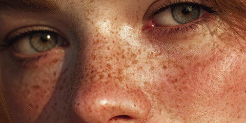 Close up of freckled face with sparkling glitter makeup