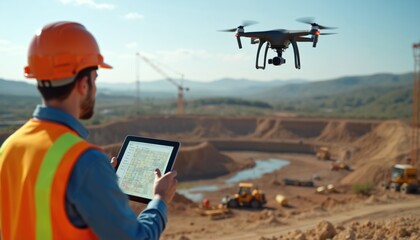 Engineer in safety vest, hard hat controls drone with tablet. UAV flies over construction project site, monitors excavation. Heavy equipment works on earthmoving. Man oversees building progress,