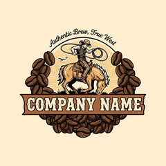 A cowboy riding a bucking horse, surrounded by coffee beans, a vintage-style graphic design.