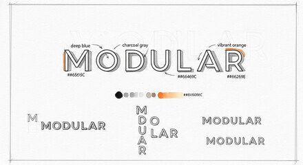 Sketch of the word "Modular" in three colors: deep blue, charcoal gray, vibrant orange with shadow effects, showcasing typography design and color palette