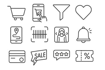 Modern Shopping Icons. Line style icons of modern shopping: e-commerce cart, mobile checkout, product filter icon, wishlist heart;