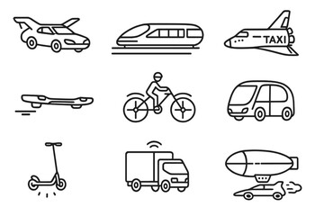 Futuristic Vehicle Icons. Line style icons of futuristic vehicles: flying car with wings, magnetic levitation train, single-wheel