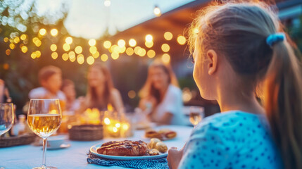 Young girl enjoys festive outdoor evening dinner with family and friends, surrounded by warm string lights and delicious food on summer night