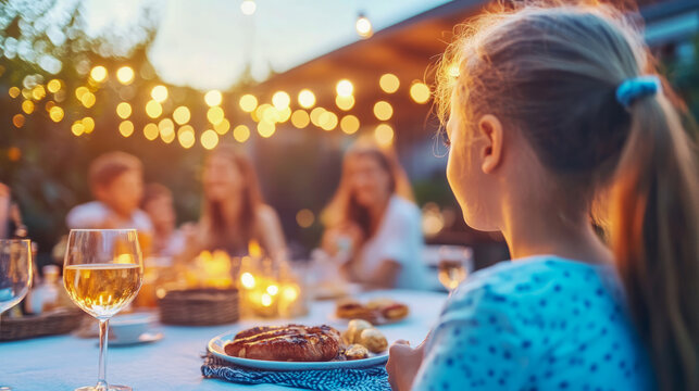 Young girl enjoys festive outdoor evening dinner with family and friends, surrounded by warm string lights and delicious food on summer night - Powered by Adobe