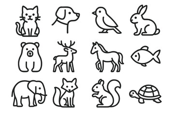 Monochrome Animal Icons. Line style icons of monochrome animals: monochrome cat, monochrome dog, monochrome bird, monochrome