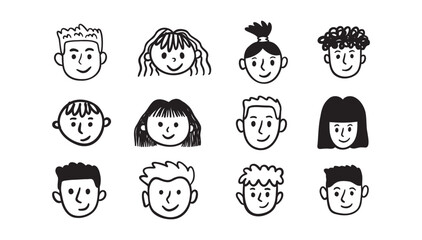 Kids faces portraits set. freehand kids pencil drawing elements. Comic child funny doodle faces set.