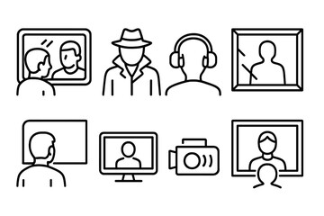 Two-Way Mirror Icons. Line style icons of two-way mirror scenes: observer behind glass, detective silhouette, headphones on viewer
