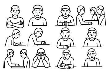 Interrogation Body Language Icons. Line style icons of body language during interrogation: crossed arms, sweating brow, clenched