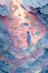 Child silhouette standing in a vibrant underwater scene surrounded by colorful fish and coral, showcasing a whimsical paper cut-out illustration of marine life and ocean beauty