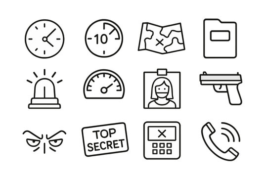 High-Stakes Interrogation Icons. Line style icons of high-stakes interrogations: time pressure clock, countdown icon, map on table