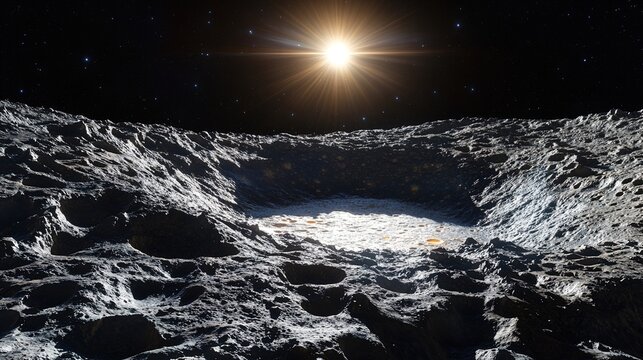Ceres in the asteroid belt, dusty rocky surface with Occator crater and central bright salt spot clearly visible. 