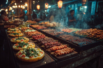 Bustling night market in Thailand lit by lanterns with food stalls serving grilled skewers and exotic dishes