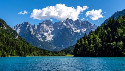 Fototapeta premium Scenic lake with mountain backdrop and clear blue sky