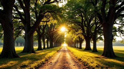 Naklejka premium Sunny morning scene on a tree-lined path with warm light shining through leaves and golden grass in a serene landscape