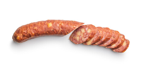Sliced smoked ​​sausage isolated on white background.