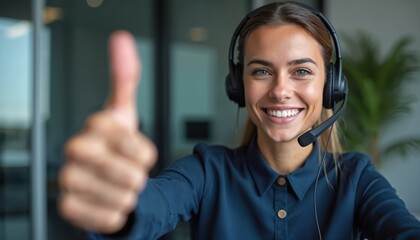 Young woman wears headset, smiles, and gives a thumbs up. She works in a call center and offers good service. Her positive attitude and pro appearance make her a great employee. She looks happy.